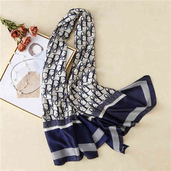

y0tl 2021 spring and autumn new d letter silk satin scarves women's foreign style printing long sunscreen shawl women high version, Blue;gray