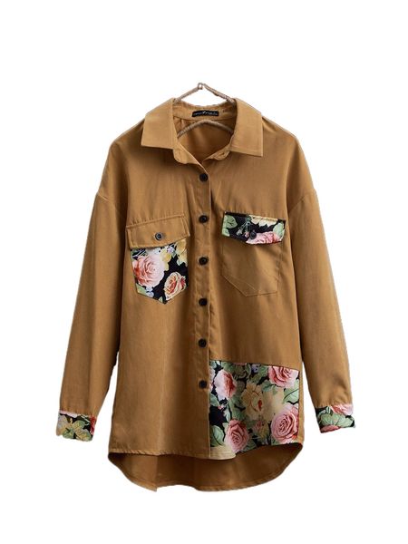 

floral panel drop shoulder high low hem shirt j1wa#, White