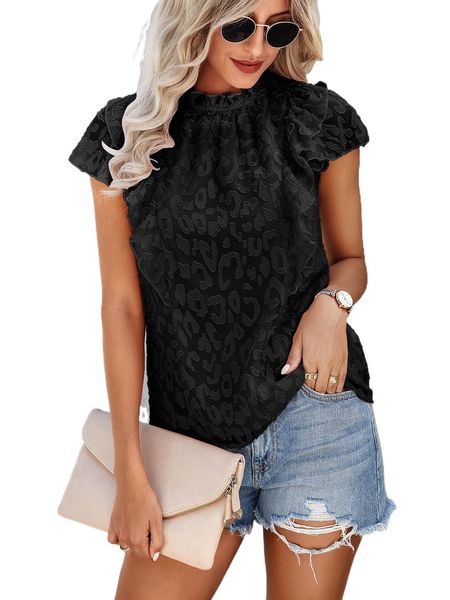 

leopard jacquard frill neck ruffle trim blouse y9lh#, White