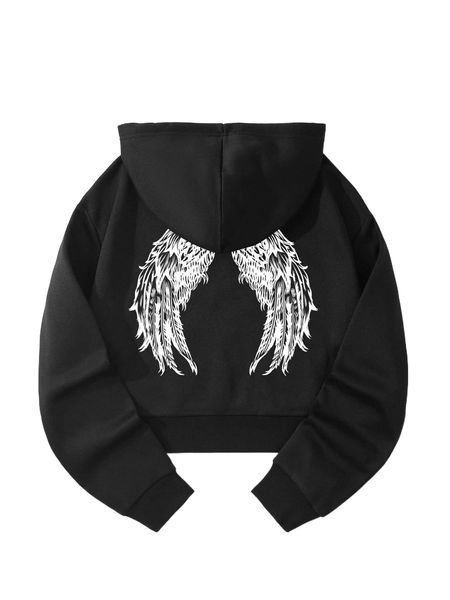 

wings print thermal lined drawstring crop hoodie 23at#, Black