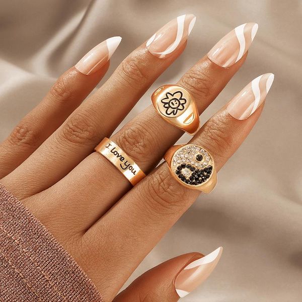 

cluster rings 3pcs/sets luxury crystal stone love couple ring sets for women men flowers alloy metal party jewelry anillo 19924, Golden;silver