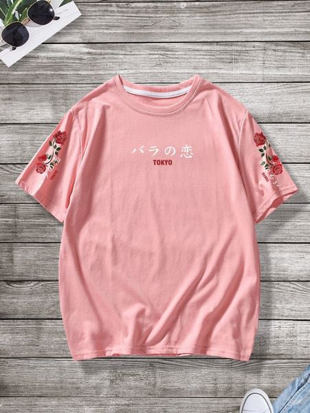 

men floral & japanese letter graphic tee y4ph#, White;black