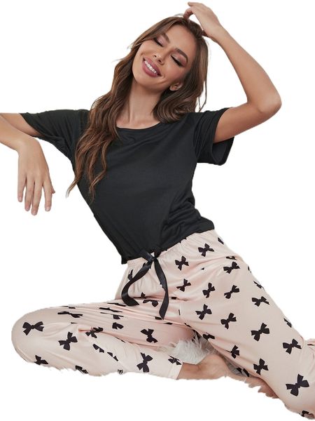 

solid tee & bow print pants pj set l1cu#, Black;red