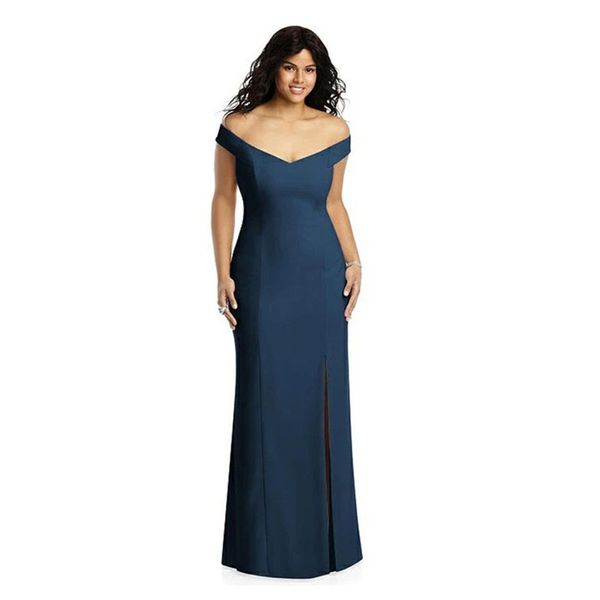 Plus Size Frau Off-Shoulder Split Front Brautjungfernkleider Meerjungfrau V-Ausschnitt Oberschenkelhohe Schlitze Mädchenkleid Custom Satin Hochzeit Party GownBM003