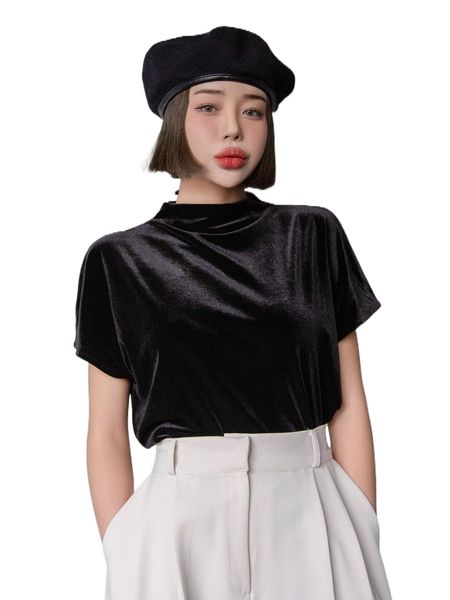 

dazy stand neck batwing sleeve velvet tee r0zt#, White