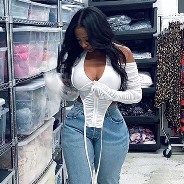 

dulzura ruched patchwork women crop mesh halter see through long sleeve off shoulder zipper bodycon club streetwear 220816, White;black