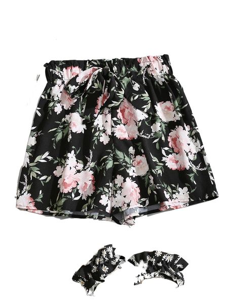

floral tie front wide leg shorts n4c2#, White;black