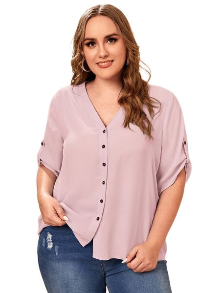 

plus roll tab sleeve button placket blouse n7ol#, Black