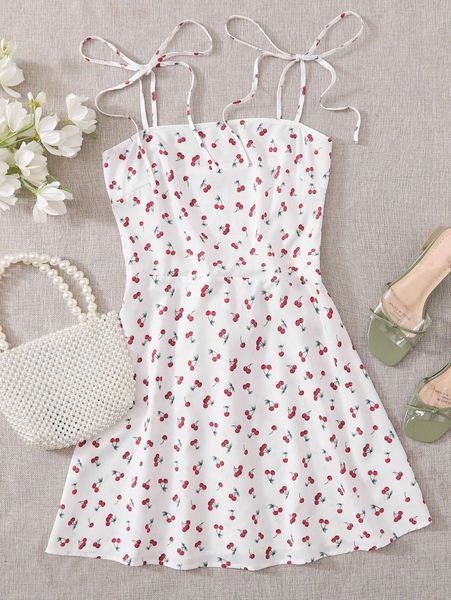 

knot strap shirred back cherry print slip dress u5dr#, Black;gray