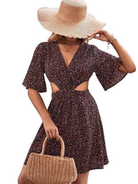 

ditsy floral flutter sleeve cut out dress e64u#, Black;gray