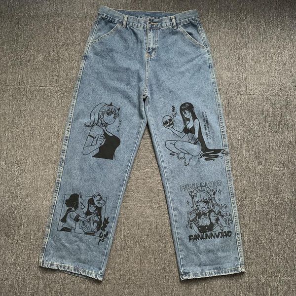 Herren Jeans GODLIKEU Männer Washed Harajuku Anime Print Baggy Streetwear Baumwolle Mode Lose Wide Leg Pants300e
