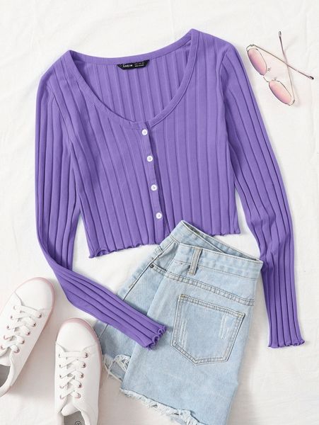 

buttoned front lettuce trim rib-knit d5rp#, White