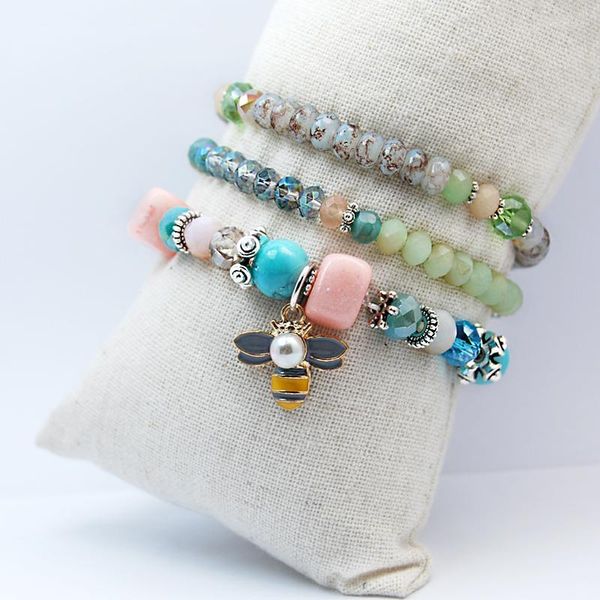 Bracelets de charme 3pcs/conjunto Luxury Crystal Breaded Stone Bracelet Femme Boho Bumble Bumble Bee Pingente para mulheres de joalheria GiftScharm Lars22