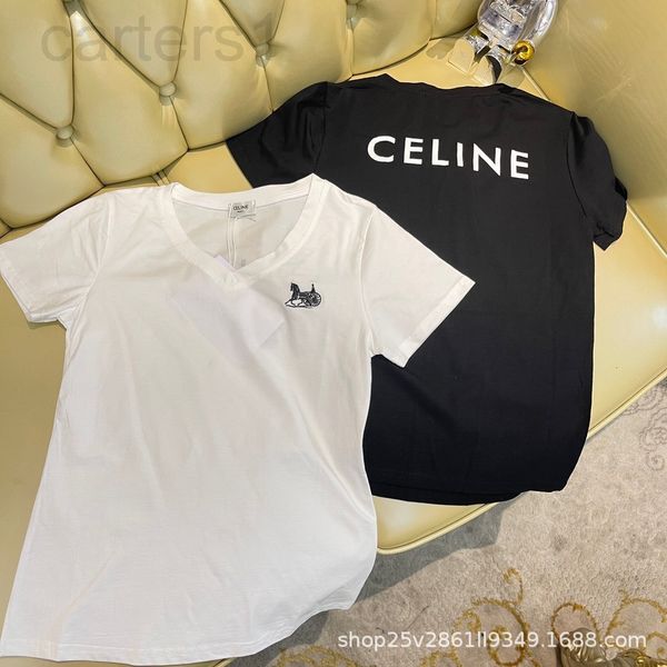

women's t-shirt designer ce home 22 spring and summer new v-neck embroidery carriage short sleeve t-shirt simple casual back letter pri, White