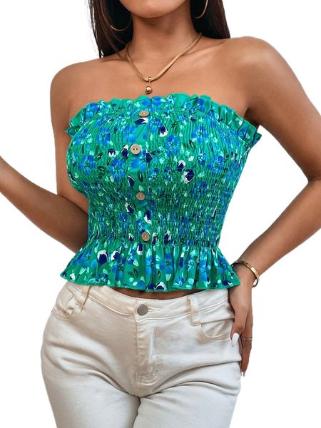 

ditsy floral shirred ruffle trim tube j1ht#, White