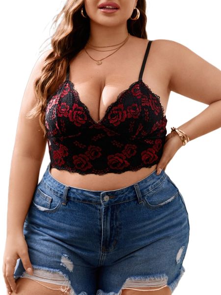 

plus floral pattern crop lace cami 50zs#, Black