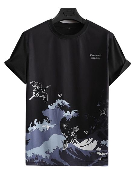 

men wave & crane print tee u9nf#, White;black
