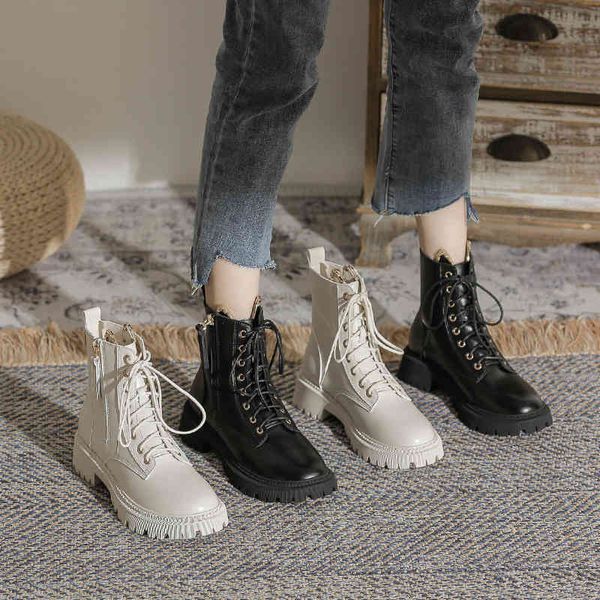 

boots slim leather women's short boots lace up breathable motorcycle martin non slip increase versatile zipper single autumn and et, Black