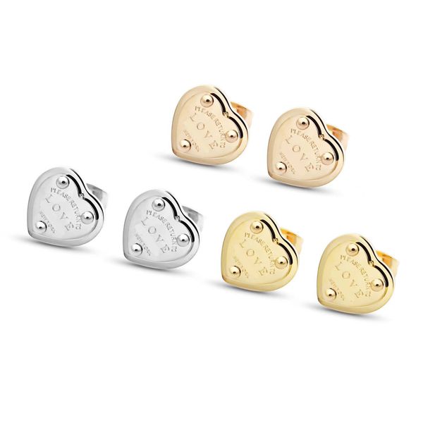 

high polished classic style women lover heart studs cute size 3 color luxury titanium steel earrings logo printed wedding party gifts wholes, Golden;silver