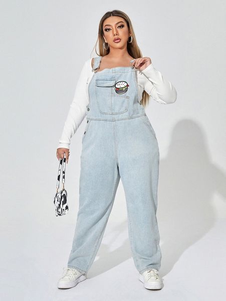 

plus hamburger embroidery light washed denim overall jumpsuit r97w#, Black;white