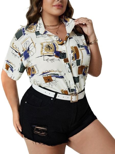 

plus floral print button front blouse k5hv#, Black