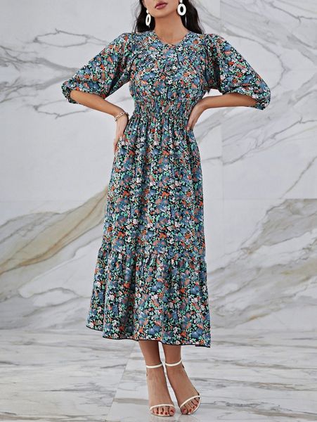 

floral print shirred waist ruffle hem dress u6bm#, Black;gray