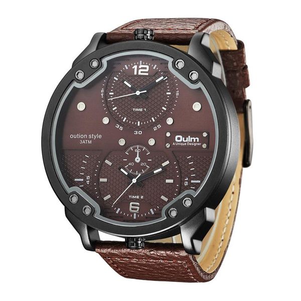 

wristwatches oulm men's casual sports watches unique design big watch male leather strap quartz clock double time zone men luxury wrist, Slivery;brown