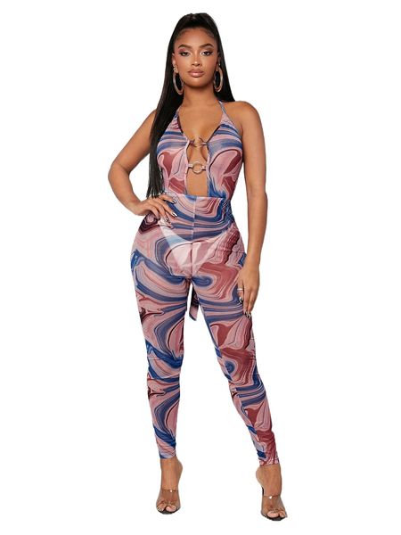 

sxy marble print o-ring cut out tie backless halter unitard jumpsuit i5kk#, Black;white