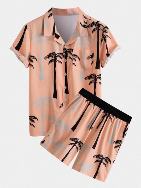 

men random coconut tree print patched pocket shirt & drawstring waist shorts y3kk#, Gray