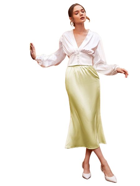 

x paulinegsrd elastic waist mermaid hem satin skirt i194#, Black