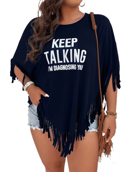 

plus slogan graphic fringe trim tee z5vn#, Black