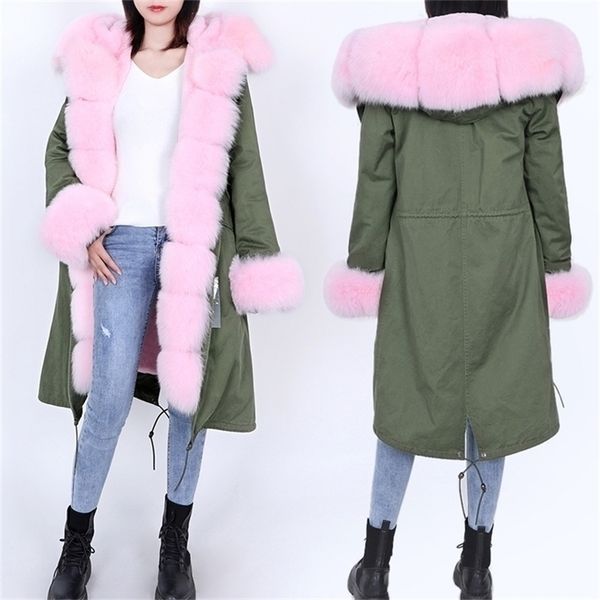 

maomaokong winter women long coat fashion real fur coat woman parks hooded natural fur collar winter warm jackets 201127, Black