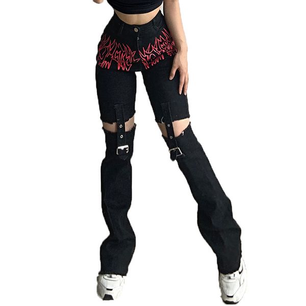 

american street jeans girl wind flame print high waist denim casual pants new irregular split button tight trousers, Blue