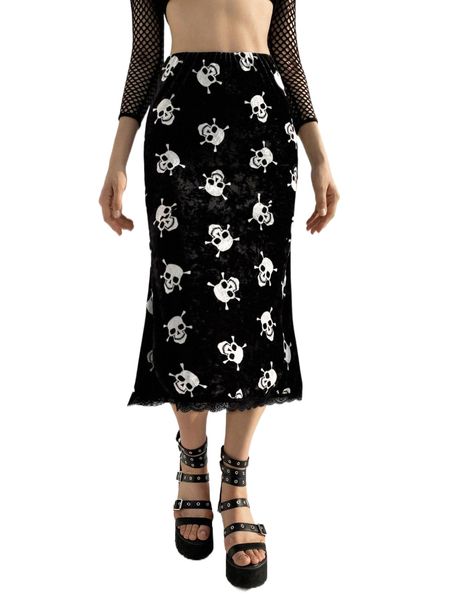 

allover skull print lace hem skirt 84i9#, Black
