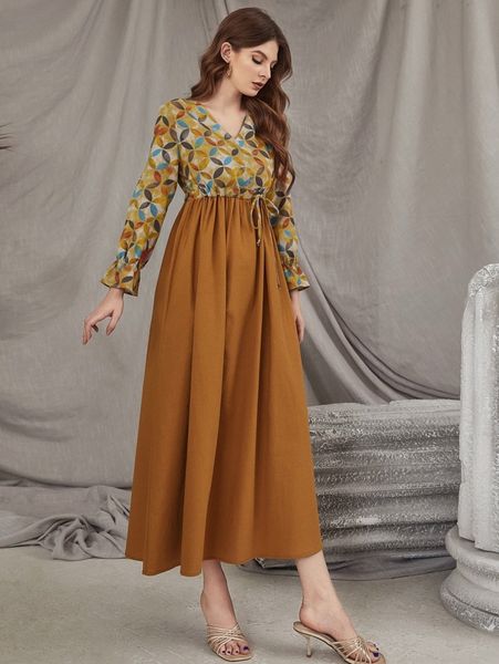 

geo print flounce sleeve overlap collar drawstring waist dress e7no#, Black;gray