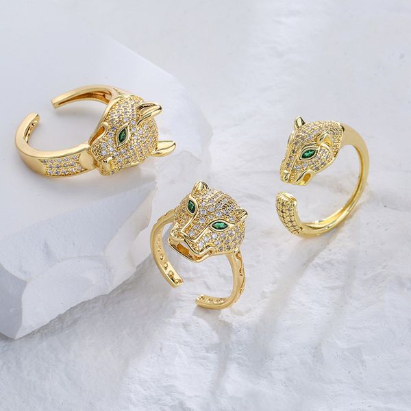 Hip Hop Style Leopard Head Open Ring 18K Gold Bated Animal Zircon Rings para Party Gift Party
