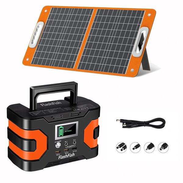 

flashfish ea150 200w peak power 166wh 45000mah portable power station+ flashfish tsp 18v 60w foldable portable solar panel backup emergency