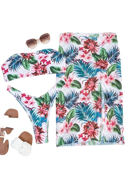 

plant print bandeau high cut bikini swimsuit & beach skirt 99dg#, White;black