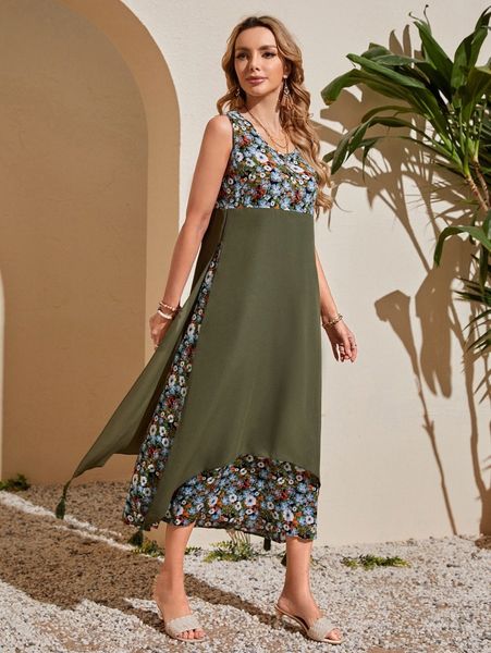 

emery rose floral print tassel detail dress r8qk#, Black;gray