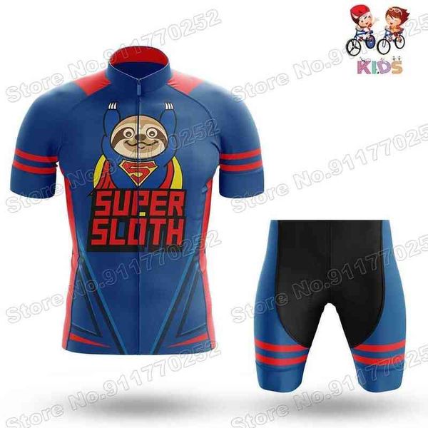 

2021 funny sloth kids cycling jersey sets super hero boys girls cycling clothing mtb road bike shirts suit bicycle pants maillot, Black;red