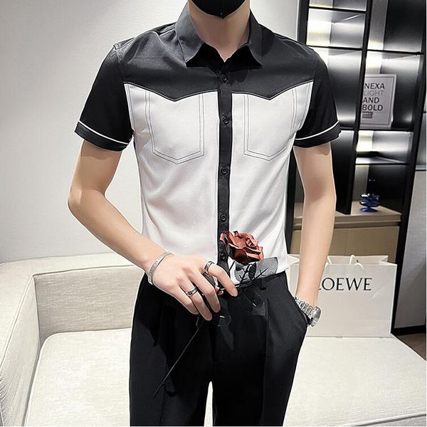 

fashion patchwork summer short sleeve shirts for men clothing 2022 slim fit casual, White;black