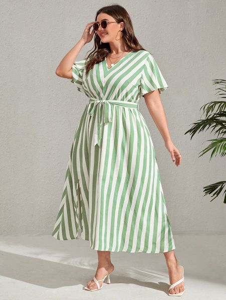 

plus striped butterfly sleeve split thigh belted dress p8nr#, Black