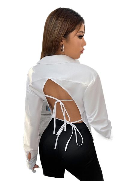 

pocket front tie backless hidden buttons blouse i9ej#, White