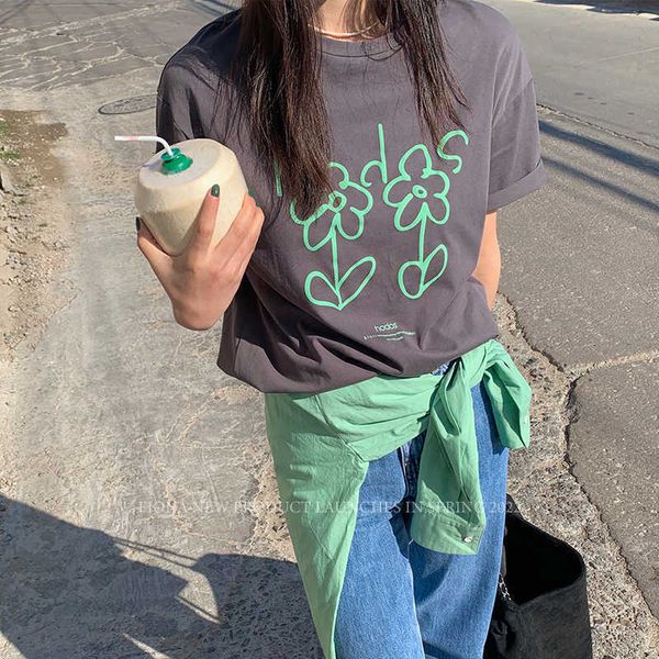 

[feno] korean loose women's short sleeved t-shirt 2022 spring cotton printed women's half sleeved fashion 10076, Tan;black