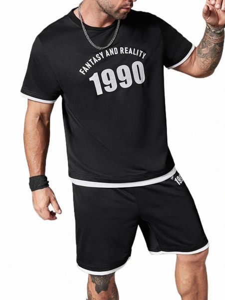 

extended sizes men slogan graphic tee & track shorts s0bf#, Gray
