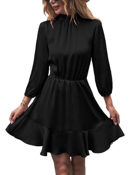 

mock neck ruffle hem dress 15u0#, Black;gray