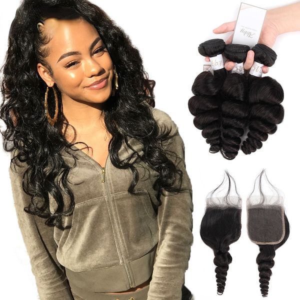 

brazilian hair weave bundles with closure loose wave human hair 100% human hair extensions, Black;brown