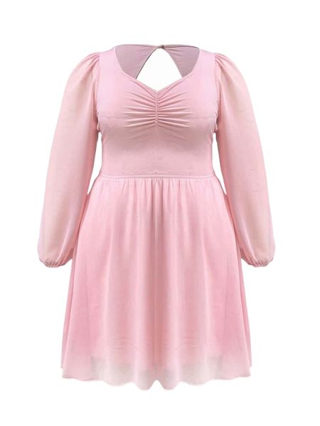 

plus ruched bust contrast mesh puff sleeve dress 48wp#, Black