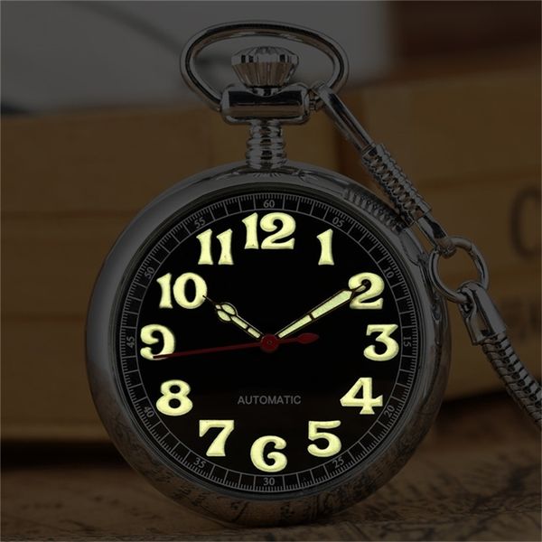 Luminous Arap rakamları, 30 cm FOB cep T200502 ile mekanik kendi kendini sarma cep saati zarif gümüş retro kolye saati sergiliyor