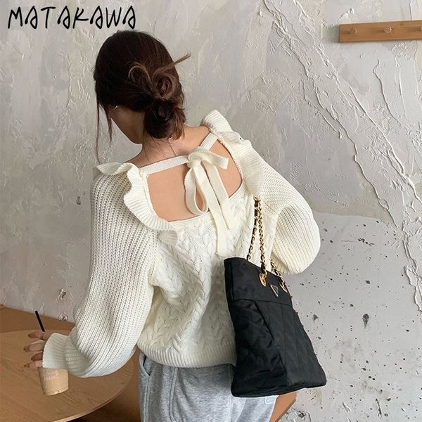

hollow out open back knitted sweater women fall loose square collar outer wear pullover puff long sleeve sweaters 210506, White;black